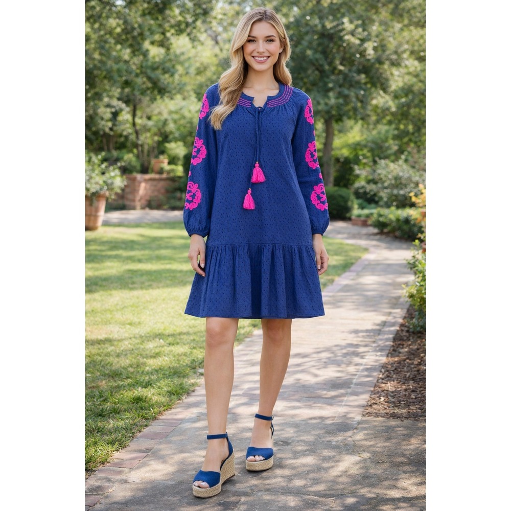 Lilly Pulitzer Dress S Blue Embroidered Eyelet 100% Cotton Long Sleeve Spring